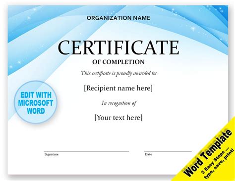Certificate Editable Word Template Printable Instant Download You