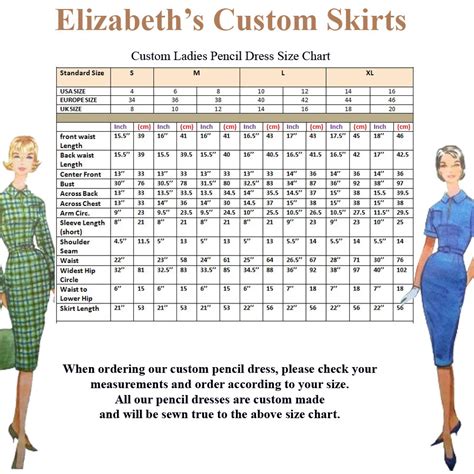 Custom Ladies Pencil Dress Size Chart Elizabeths Custom Skirts