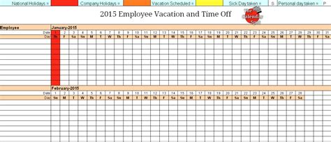 2015 Employee Attendance Vacation Absence Tracking Calendar Vacation