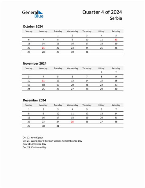 Q4 2024 Quarterly Calendar With Serbia Holidays