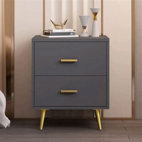Modern Wood Nightstand With Gold Legs 2 Drawer Bedside Table In Gray