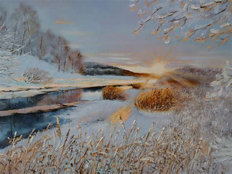 Sunset Art Winter Painting Original Oil Canvas Lake Landscape Etsy