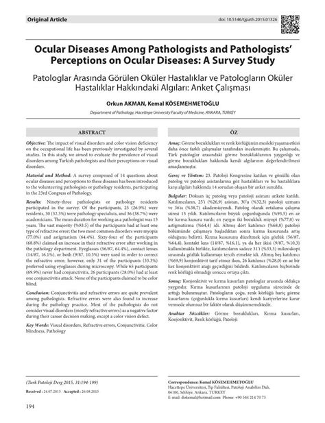 A Survey Study Patologlar Arasında Görülen Oküler Hastalıklar Ve