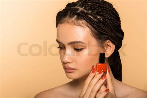 Beauty Portrait Of An Attractive Young Topless Girl Standing Stock