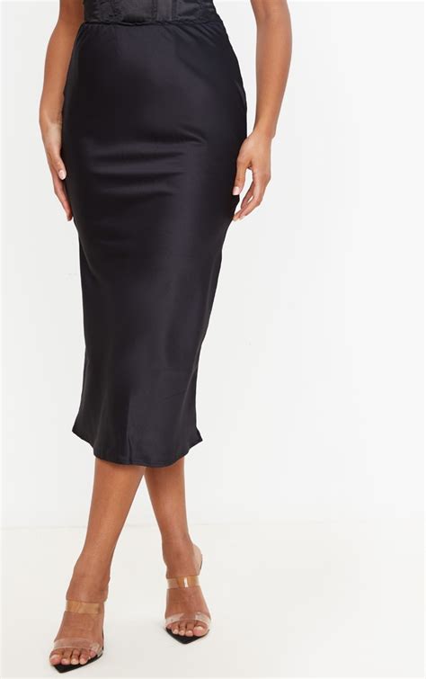 Black Satin Midi Skirt Prettylittlething Aus