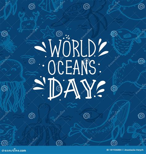 World Oceans Day Postcard With Ocean Animals Isolated Lettering Hand