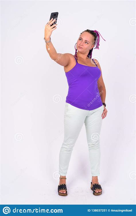 Full Body Shot Of Rebellious Woman With Dreadlocks Taking Selfie Stock Image Image Of Mobile