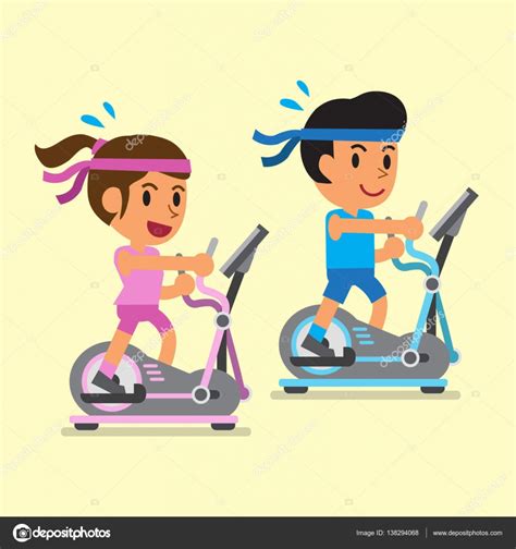 Un anciano con traje deportivo entrena con pesas. Dibujos animados un hombre y una mujer haciendo ejercicio en máquinas elípticas — Archivo ...