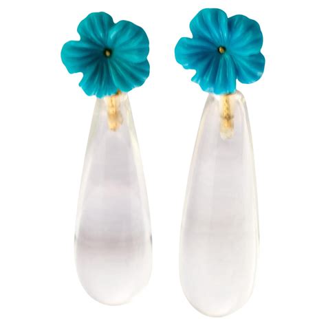 Persian Turquoise Dangle Drop Flower Earrings 14 Karat Gold Art Deco