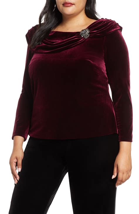 Plus Size Womens Alex Evenings Ruched Collar Long Sleeve Velvet Top