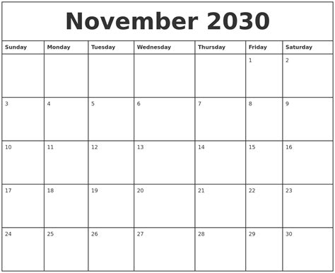 November 2030 Printable Monthly Calendar