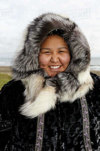 Portrait Of Yupik Eskimo Girl Wearing Traditional Fur Parka And Ruff Nome Alaska Summer