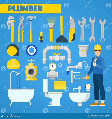 Plumber Worker With Tools Set And Bathroom Elements Stock Vector