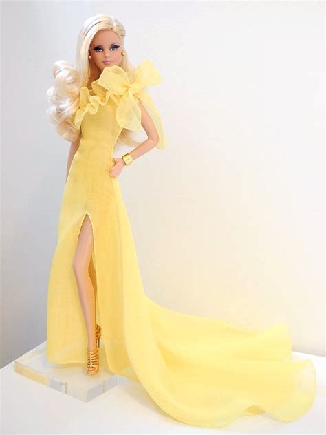 Barbie In Custom Yellow Georgette One Shoulder Gown Wruffled Neckline