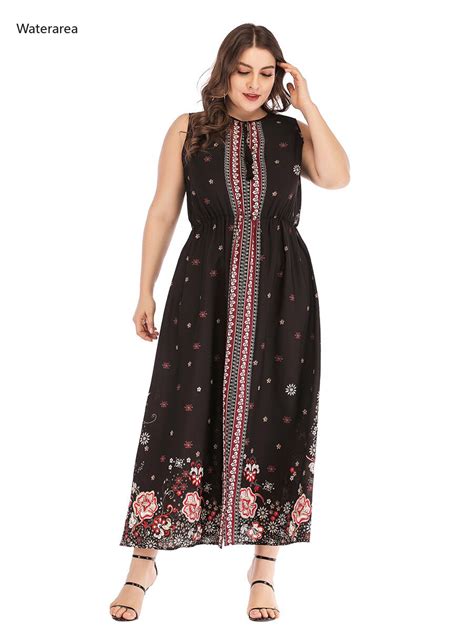 2019 New Plus Size Women O Neck Sleeveless Floral Digital Print Big Swing Dress Sexy Ethnic