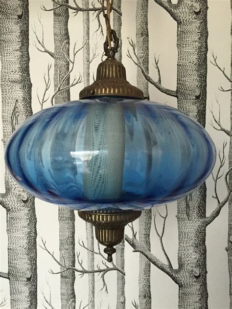 Vintage Globe Blue Glass Swag Lamp With Brass 1960s Retro