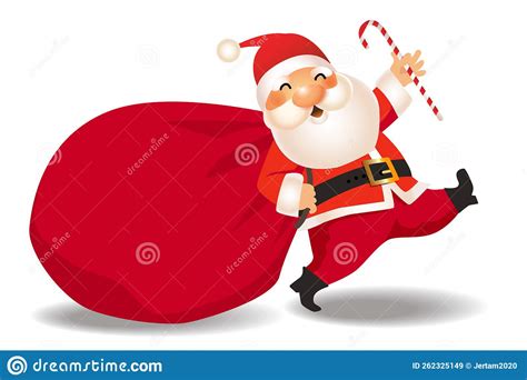 Christmas Card Funny Cartoon Santa Claus With Big Red Bag With Gifts