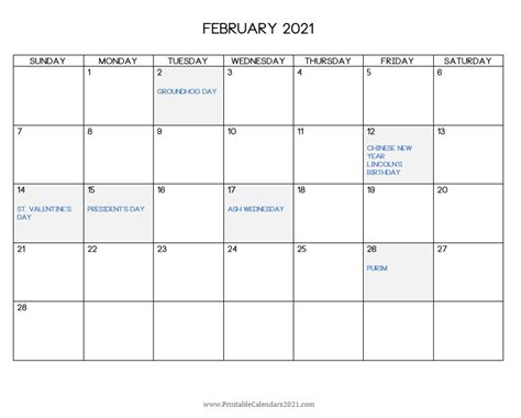 Free to download and print. Printable Calendar February 2021 with Holidays Blank ...