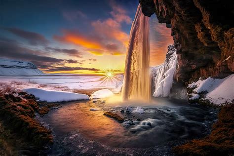 Seljalandsfoss Waterfall Sunburst Digital Art By Wes And Dotty Weber