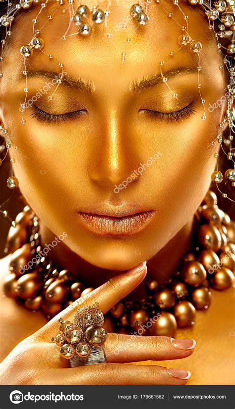 Portrait Woman Golden Skin Pearls Stock Photo By Subbotina
