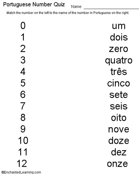Portuguese Numbers Quiz Printout Childrens Dictionary