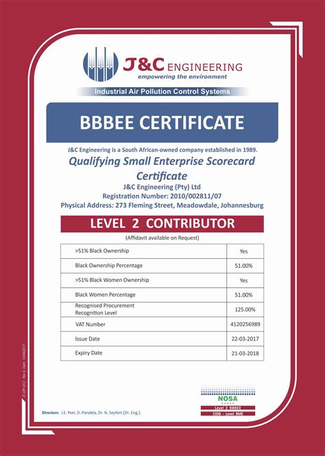 Cidb malaysia, kuala lumpur, malaysia. BBBEE Certificate - J&C Engineering