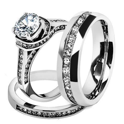 St1919 Arh1570 His And Hers Stainless Steel 3 Piece Cz Wedding Ring Set And Eternity Wedding Band