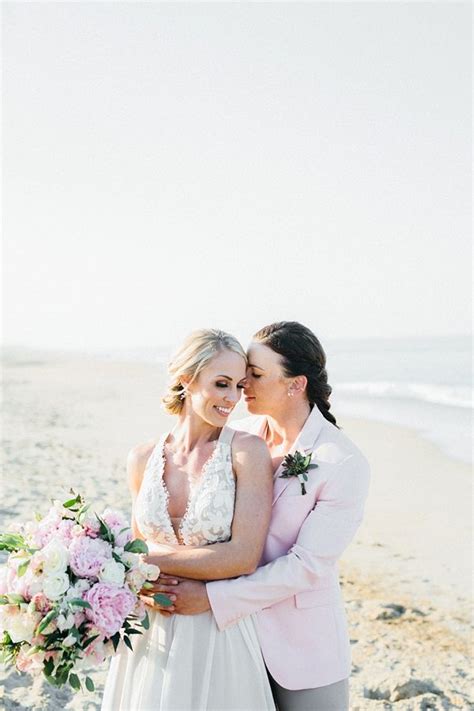 Gorgeous Pink For Days At This Beach House Wedding Lesbian Beach Wedding Lesbian Wedding