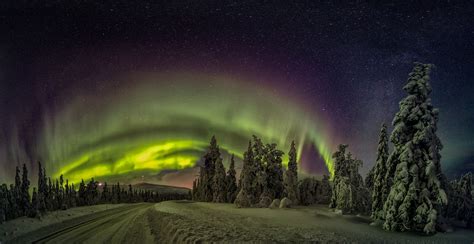 Nature Landscape Finland Aurorae Winter Forest Snow Road Lights