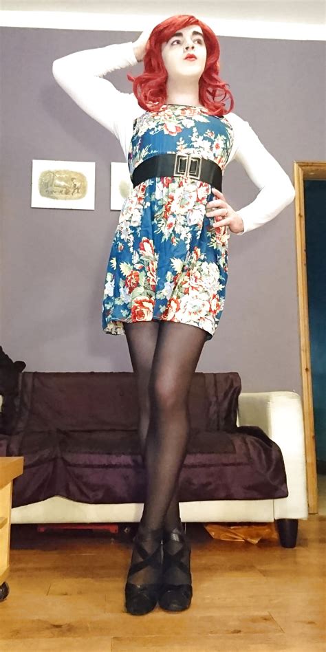 Marie Crossdresser In Opaque Pantyhose And Floral Dress 13 Pics