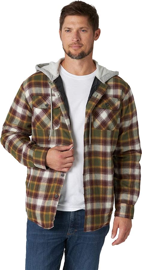 Wrangler Mens Long Sleeve Quilted Lined Flannel Shirt Jacket W Hood