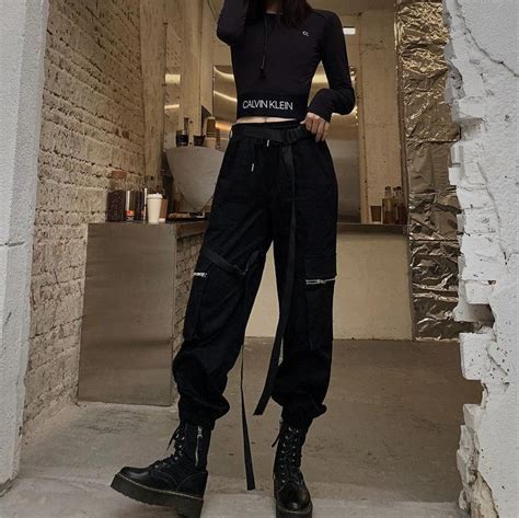 Womens High Waisted Belt Decorated Black Loose Cargo Pants