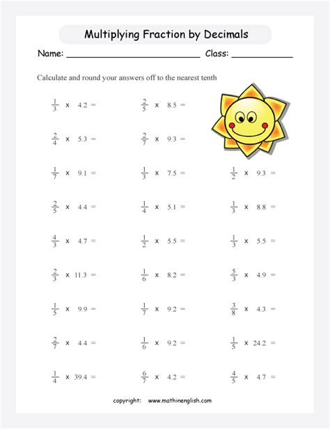All worksheets are pdf documents with the answers on the 2nd page. Multiply fractions by decimal numbers, round off your answer to the nearest tenth.Grade 6 math ...