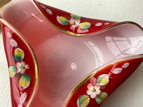 Cased Glass Tri Corner Bowl Vase Red Art Glass Nasco Etsy
