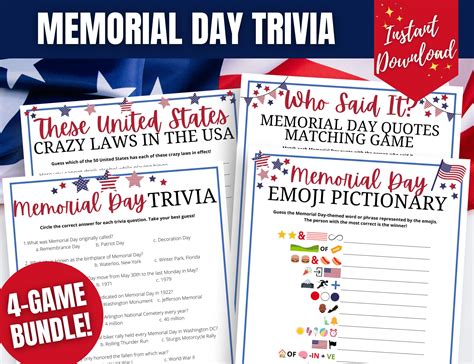 Memorial Day 4 Game Trivia Bundle Fun Memorial Day Trivia Etsy