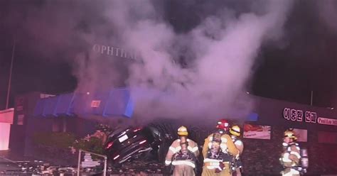 Woman Arrested For Dui After Car Slams Into Fullerton Building Ignites 2 Alarm Fire Cbs Los