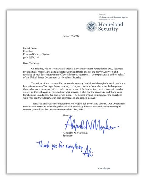 Secretary Of Homeland Security Pens Letter To National President Yoes