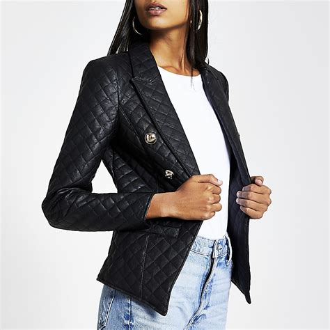 Black Faux Leather Quilted Jacket River Island