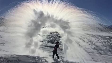 First, the hot water is making water vapor through evaporation. Slow motion throwing boiling water in -20 degree air ...