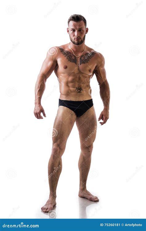 Handsome Shirtless Bodybuilder Man Standing Studio Foto Stock The