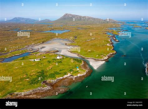 Aerial View From Drone Of Coastal Landscape On Benbecula With Eaval