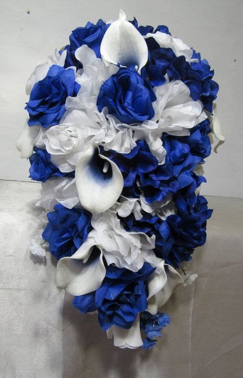Royal Blue White Rose Calla Lily Cascading Bridal Wedding Bouquet