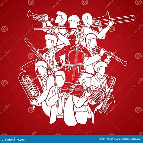 Group Of Musician Team Orchestra Instrument Cartoon Graphic Vector