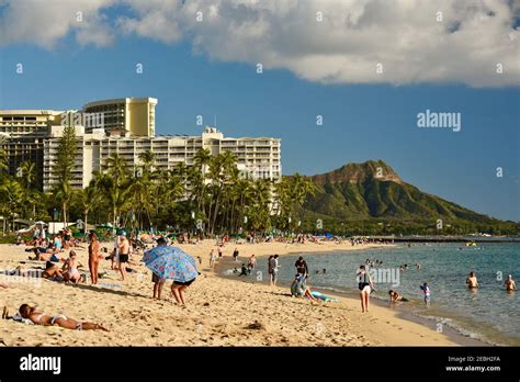 People Relaxing And Sunbathing On The Waikiki Beach Surrounded By