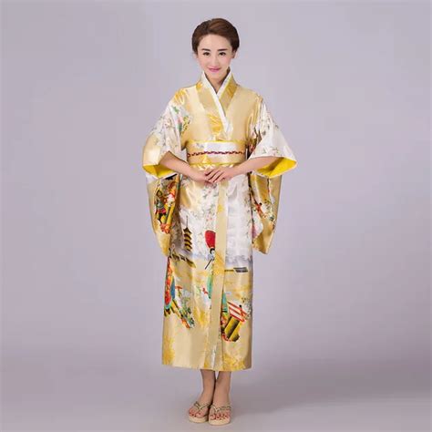 Yellow New Japanese Womens Silk Satin Kimono Yukata Evening Dress Haori Kimono With Obi