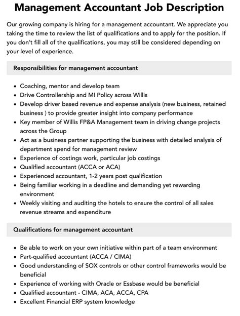 Management Accountant Job Description Velvet Jobs
