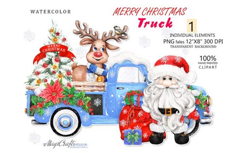 Christmas Blue Truck Car With Reindeer And Santa Watercolor