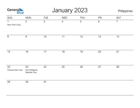 January 2023 Calendar With Philippines Holidays