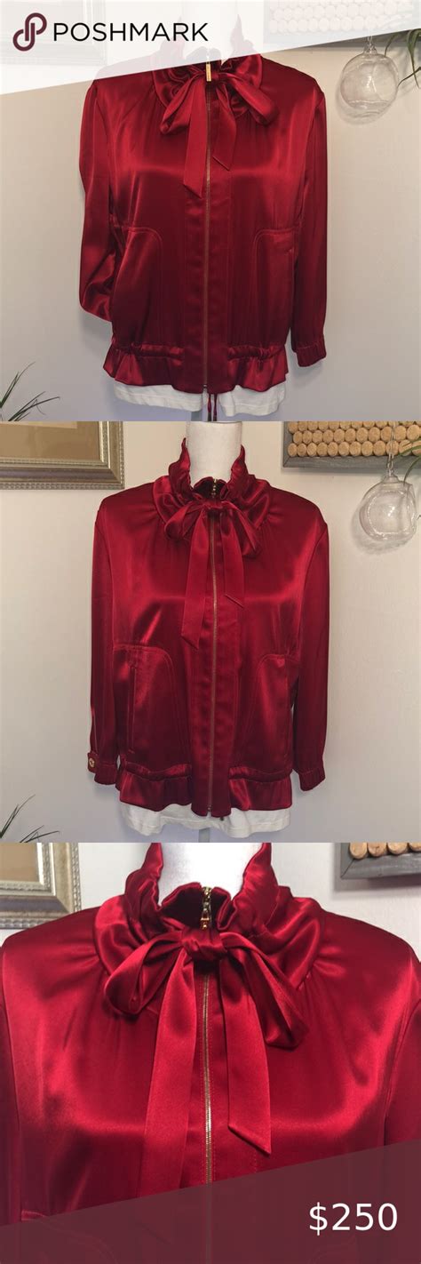 Stjohn Red Satin Cowl Neck Long Sleeve Topjacket Cowl Neck Long