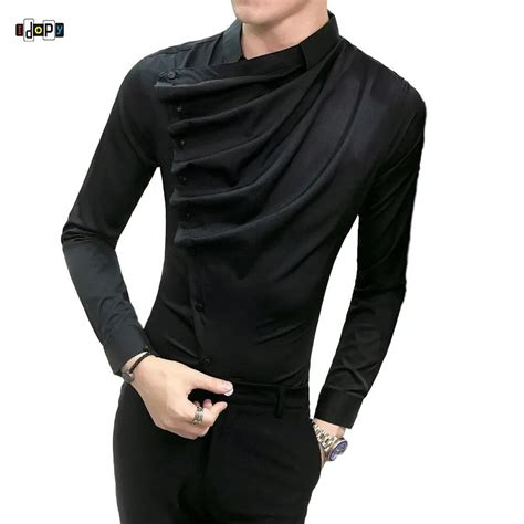 Idopy Men Shirt Korean Style Irregular Solid Long Sleeve Slim Fit Cool Punk Dress Shirt Night